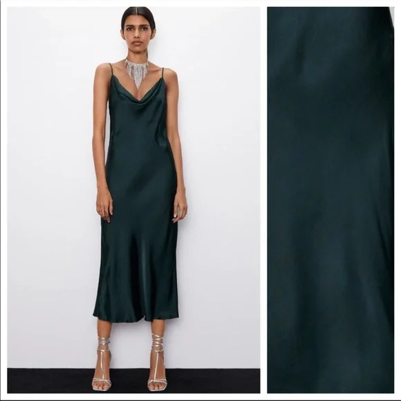 green emerald velvet dress NEW Zara Green Polka Dots Sleeveless Cami Camisole Midi Tank Wrap Dres   Brie